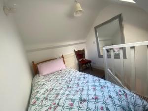 a bedroom with a bed with a pink pillow and a mirror at Horseshoe Cottage, Killarney in Killarney