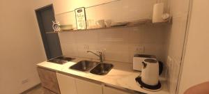 a small kitchen with a sink and a microwave at Planta Baja y Garage "Dido" Monoambiente Completo in La Cieneguita