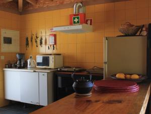 a kitchen with a counter top and a refrigerator at Estabulo de Valinhas in Vitorino dos Piães
