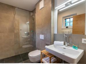 een badkamer met een wastafel, een toilet en een douche bij Tauernlodge Eben C1 in Eben im Pongau +28 foto's