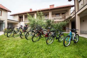 a group of bikes parked in the grass in front of a building at ATRIUM Apartamenty in Krynica Morska