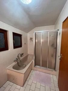 een badkamer met douche en ligbad bij Vorstadt-Villa Apfelroute in Alfter