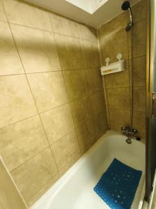 a bath tub with a blue rug in a bathroom at Departamento acogedor Arica in Arica