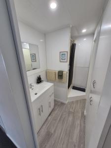 Un baño blanco con lavabo y ducha. en Studio Parahaki, en Whangarei