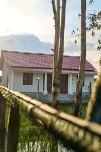 a white house with a red roof and trees at Mangrove Forest Camp Eco Stay Sundarbans, India in Jāmb