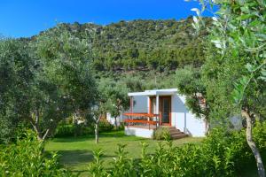 a small house with a mountain in the background at Agriturismo Antichi Ulivi in Mattinata