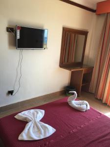 2 cygnes sur un lit avec une télévision sur le mur dans l'établissement Abeer Hotel Alexandria, à Alexandrie