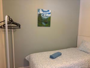 a bed with a blue pillow on top of it at Quiet Private Rooms Easy Metro & Airport Access in Vantaa