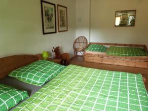 duas camas num quarto com lençóis verdes em Apartmán Susice em Sušice