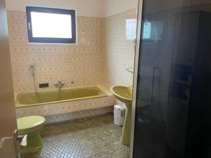 a bathroom with a green tub and a toilet and a sink at Haus Ehrenfels in Bingen am Rhein