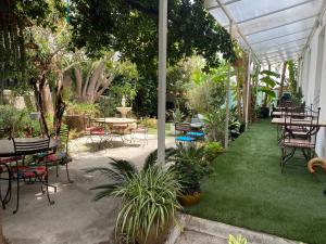 a patio with tables and chairs and plants at Logis Hôtel Villa Victorine in Nice