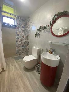 a bathroom with a toilet and a sink and a mirror at Дом Sand in Ureki +16 photos