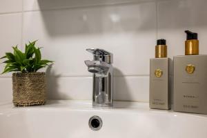 a bathroom sink with a faucet and two bottles of soap at Lapin Kansa Suite in Rovaniemi