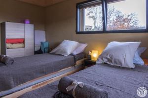 a bedroom with two beds and a window at La joline, maison bioclimatique in Montastruc-de-Salies