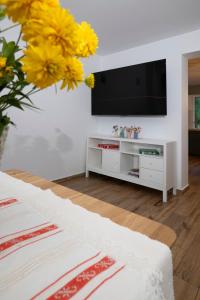 a living room with a flat screen tv on a wall at In Varful Dealului in Izvoarele +29 photos