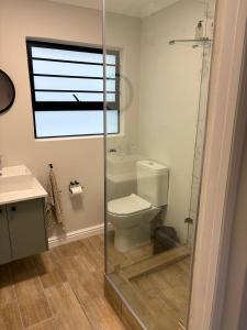 a bathroom with a toilet and a glass shower at Suburban Bliss in Stellenbosch +1 photo