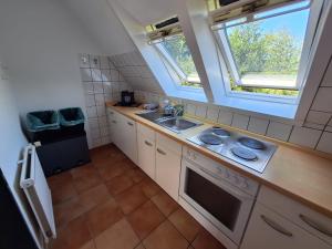 a small kitchen with a sink and a stove at Nei Stich 19a Wohnung 1 in Norddorf