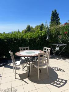 un tavolo e delle sedie seduti su un patio di Le Bord du Lac a Pont-de-lʼIsère