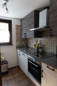 a kitchen with a sink and a stove top oven at Haus Im Wiesengrund EG in Thalfang