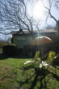 un par de sillas y un paraguas en un patio en Haus Im Wiesengrund EG, en Thalfang