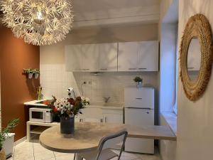 een keuken met een tafel met daarop een vaas met bloemen bij Oasis - City Center in Annecy
