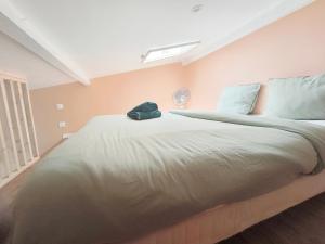 Un dormitorio con una cama grande con un sombrero encima. en Salmon paix avec accès autonome, en Villejuif 2 fotos más