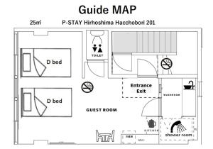 a schematic diagram of a room with a guide map at P-Stay 広島八丁堀 201号室 in Ōsukachō