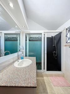 ペレベールにあるVilla Melissa Pereybere beachの洗面台とシャワー付きのバスルーム +17枚の写真