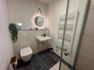 a bathroom with a toilet and a sink and a mirror at Secret Home mit Seeblick Ruppinersee in Neuruppin +19 photos