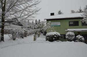 a house covered in snow with bushes and trees at Haus Im Wiesengrund OG in Thalfang