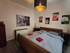 a bedroom with a bed with two red pillows on it at RuDi Ferien Ressort in Hahnenklee-Bockswiese