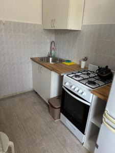 a kitchen with a stove and a sink at Однокомнатная Квартира в центре in Almaty +5 photos