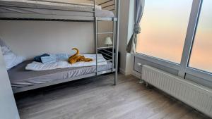a bedroom with bunk beds with a dinosaur on the bed at Rhin Quartier Ferienwohnung Hostel-Style in Rheinsberg