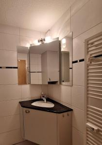 a bathroom with a sink and a mirror at Appartement confortable avec terrasse in Zweisimmen +19 photos