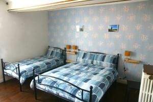two beds in a room with blue and white wallpaper at Le Trèfle de l'Impériale-Les gites de l imperiale in Sermizelles