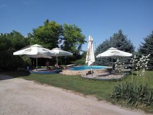 パリチにあるCountry House Majkin Salasの2つの白い傘とプールのあるプール