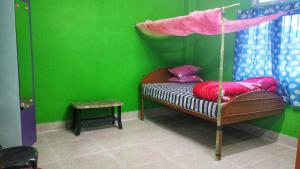 a green room with a bed with an umbrella at Ziro Homestay in Hāpoli