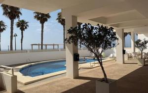 a house with a swimming pool and a palm tree at Atico En Faro in Roquetas de Mar