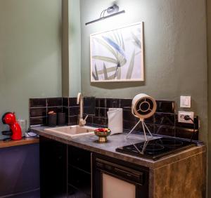 a kitchen with a sink and a counter top at Olive Central in Craiova