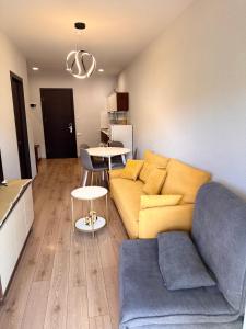una sala de estar con un sofá y una mesa en Bakuriani Crystal Residence 625, en Bakuriani