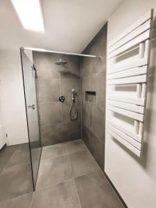 a bathroom with a shower with a glass door at Frisch renoviert & gemütlich mit Terasse in Sulzbach