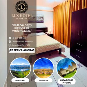 a poster for a hotel room with a bedroom at LUX - Hotel Boutique in Andahuaylas