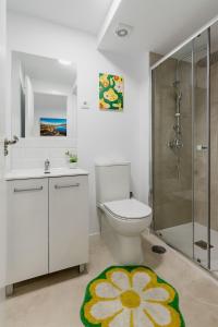 y baño con aseo, ducha y alfombra. en Apartment 2 New Metro 6pax, en Rivas-Vaciamadrid