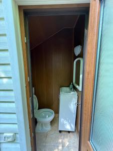 a small bathroom with a toilet and a sink at VILLAGEbythelake Bicaz in Bicaz +28 photos