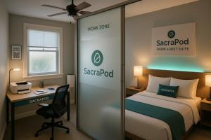 Una habitación de hotel con una cama, un escritorio y un espejo. en SacraPod Suites College Inn, en Spartanburg