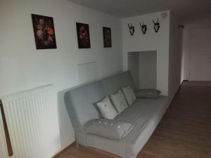 a living room with a couch and pictures on the wall at Ferienwohnung Auerhahn in Lauterbach +1 photo