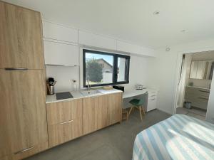 a kitchen with a sink and a bed in a room at Le Nid du Bourget in Le Bourget-du-Lac