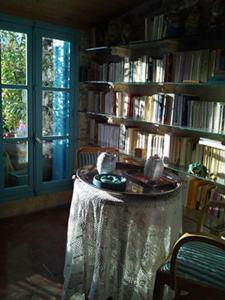 una biblioteca con una mesa con aves sentadas en ella en Riverside Home Cottage, en Trèbes