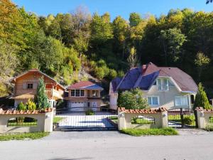 a house with a driveway in front of a mountain at Lekic B&B in Kovačica