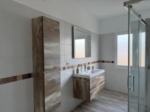 een badkamer met een wastafel en een glazen douche bij Apartamento con huerta in San Mamede de Carnota